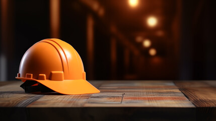 Yellow construction helmet. The construction site as a background with copy space. - obrazy, fototapety, plakaty