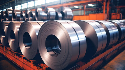Industrial galvanized steel coil coil for sheet metal forming machine in metal fabrication plant workshop, sunlight tinted. Selective focus.