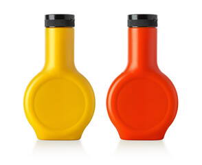 mustard, ketchup  in plastic bottles