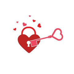Heart lock with key. Colorful hand drawn love symbol. Vector cute illustration of valentines day in simple flat style.