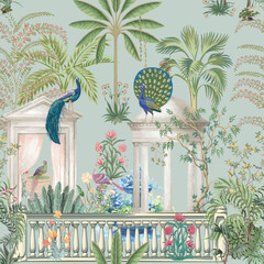 Garden arch, peacock, palm tree and bird vector illustration seamless pattern