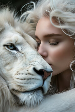 Emotional Connection: Portrait of a Stunning Caucasian Woman Model 30s Embracing White Albino Lion King