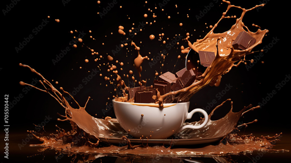 Aufkleber chocolate splash in a cup of hot cocoa with marshmallows on a dark background with copy space. high-