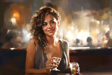 Beautiful young woman sitting at a bar with a glass of whiskey in a luxurious interior. Blurred background. A woman is relaxing in a bar with a glass - obrazy, fototapety, plakaty