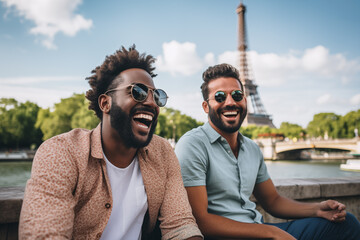 Two men smile while enjoying a quiet moment chatting on the banks of the Seine River