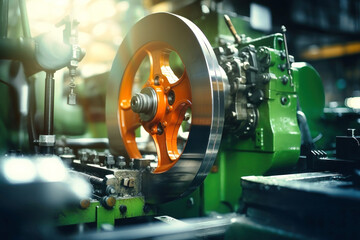 Fototapeta premium Photo of an orange-wheeled machine for various uses. Modern metal processing at an industrial enterprise. Manufacturing of high-precision parts and mechanisms.