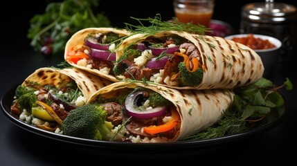 Wrap sandwich with grilled vegetables and cheese on black plate