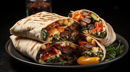 Wrap sandwich with grilled vegetables and cheese on black plate