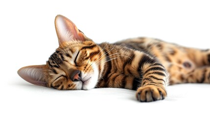 Fototapeta premium Bengal Cat Lies On White Background, Desktop Wallpaper Backgrounds, Background HD For Designer