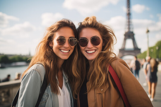 Two girls posing in a photo on the banks of the Seine, with the Eiffel Tower in the background of the image