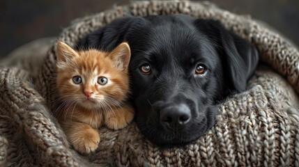 Black Labrador Puppy Hugs Tiny Kitten, Desktop Wallpaper Backgrounds, Background HD For Designer