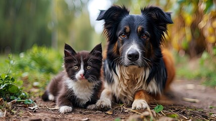 Border Collie Dog Kitten Sit Together, Desktop Wallpaper Backgrounds, Background HD For Designer