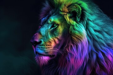 Portrait of Lion in neon colors, dark background