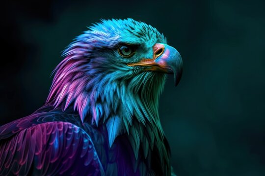 Portrait of a beautiful eagle in neon colors, dark background