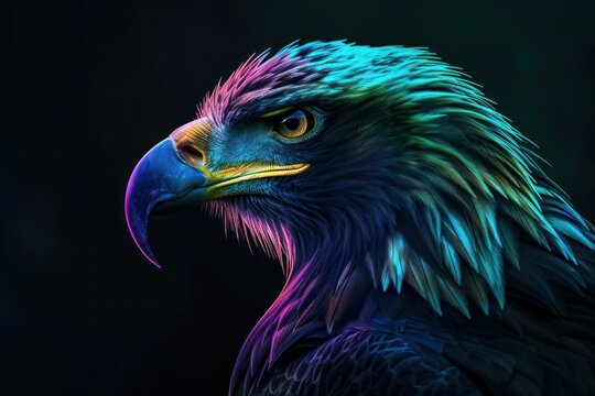Portrait of a beautiful eagle in neon colors, dark background