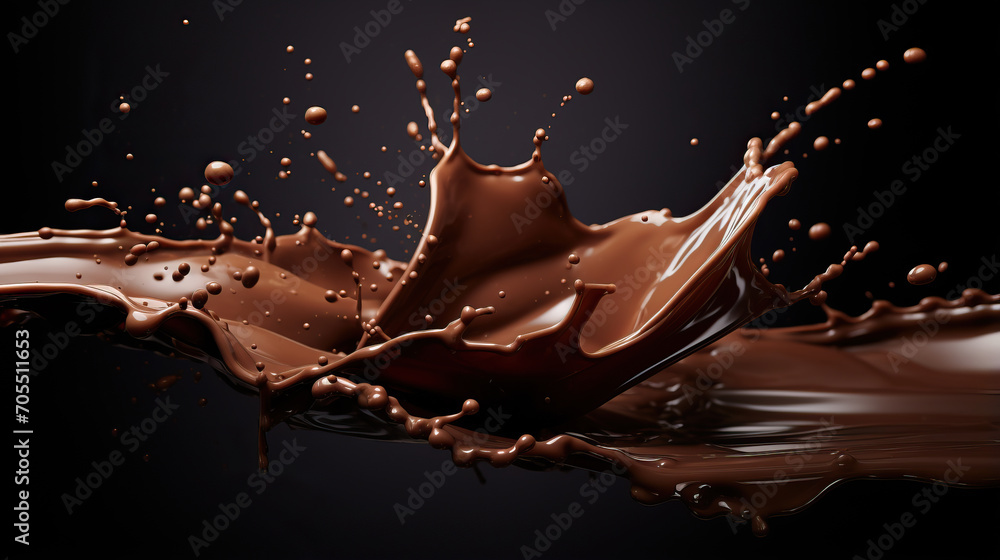 Poster chocolate splash in a cup of hot cocoa with marshmallows on a dark background with copy space. high-