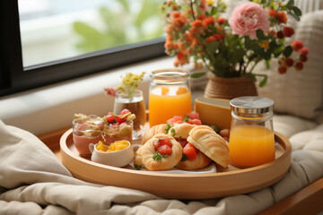 Set of breakfast with tomato bread and orange juice in jar on sofa.