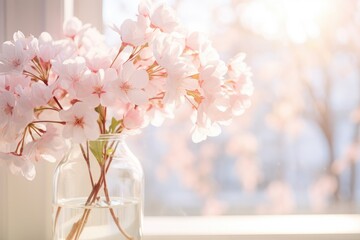 Bouquet of beautiful sakura flowers in vase on window sill © vassileva_t