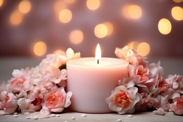 Burning candle with beautiful flowers on wooden table against blurred lights background