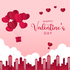 Gift box with heart balloon floating it the sky, Happy Valentine's Day banners, paper art style. Vector illustration
