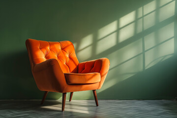 Orange armchair in front if green wall vintage retro interior style