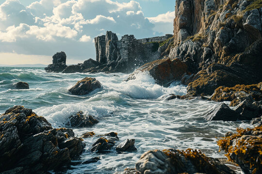 A scene showing the ruins of an ancient coastal city eroded by time and tide but still majestic.
