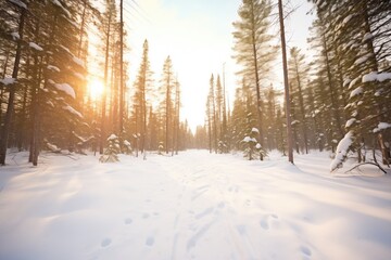Obraz premium snowshoers tracks leading through a snowy pine forest