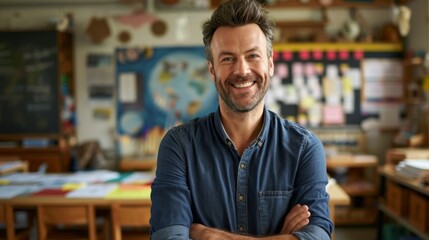 Obraz premium Portrait of smiling male teacher in a class at elementary school looking at camera with behind them is a backdrop of a classroom background