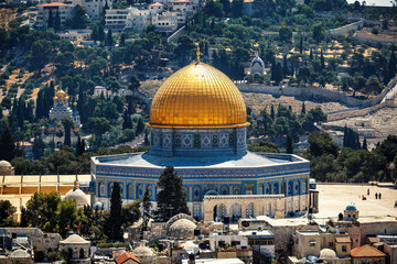 Aerial view of the famous Dome of the Rock mosque in Jerusalem, Israel.