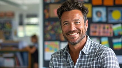 Obraz premium Portrait of smiling male teacher in a class at elementary school looking at camera with behind them is a backdrop of a classroom background