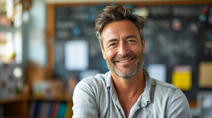 Fototapeta premium Portrait of smiling male teacher in a class at elementary school looking at camera with behind them is a backdrop of a classroom background