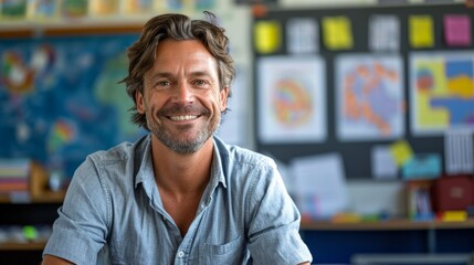 Portrait of smiling male teacher in a class at elementary school looking at camera with behind them is a backdrop of a classroom background - obrazy, fototapety, plakaty