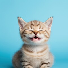 Fototapeta na wymiar Happy kitten smiling with closed eyes on a colored blue background.