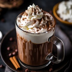 A glass of creamy hot chocolate, topped with a swirl of whipped cream