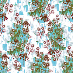 Abstract flowers and leaves repeat seamless pattern. Watercolor and digital hand-drawn pattern. mixed media for textile design	