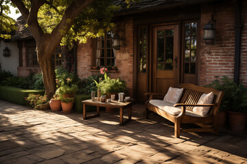 Front garden with outdoor living and tree in morning.