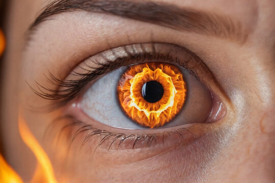 A close-up beautiful eye of a female person, burning glowing fire in the eye iris