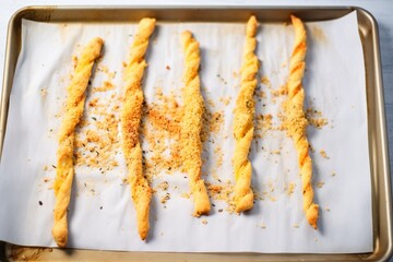 cheese sticks twisted and baked golden on a sheet pan