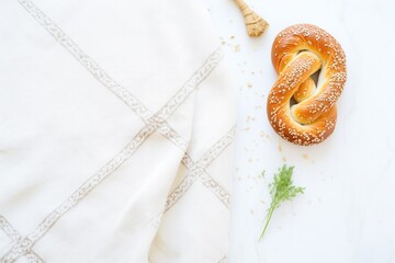braided challah bread with sesame seeds on a linen cloth
