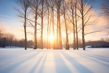 crepuscular rays through tree silhouettes on snow