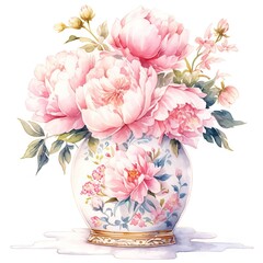 Vintage spring flowers bouquet in vase isolated on white background. Watercolor peony in pot. Valentine, woman's and mothers day concept. Element for design greeting card, banner, invitation, poster - obrazy, fototapety, plakaty