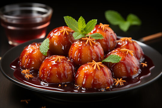 Closeup of indian sweet food gulab jamun in black dish on wooden table.