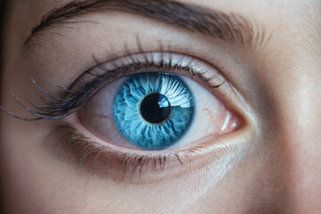 Fototapeta na wymiar A close-up beautiful eye of a female person, ice crystal cold freezing blue water in the eye iris