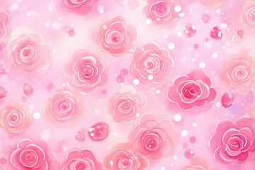 Floral watercolor pattern with spring rose flowers and leaves on pink background. St Valentines, Women's and Mothers day. Romantic backdrop for wedding, birthday greeting card, invitation, wallpaper