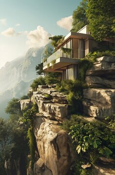 Seamlessly blending architecture with nature, this modern home sits on a rocky cliff with panoramic views