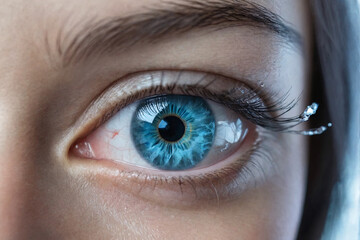 Fototapeta premium A close-up beautiful eye of a female person, ice crystal cold freezing blue water in the eye iris