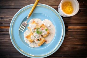 overhead shot of a plate with biscuits and gravy beside a fork