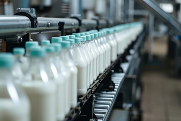 Obraz premium Bottled milk production line. AI generative