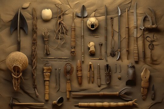 Hunting Tools: Depictions of ancient tools and weapons used for hunting.