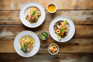 overhead of assorted calamari dishes on rustic wood table